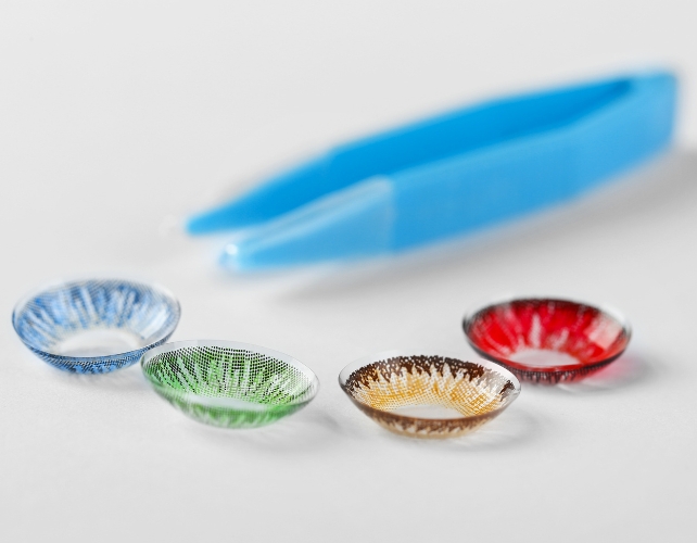 Blue, Green, Brown and Red Contact Lenses with Tweezers