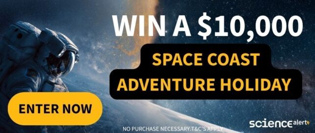 Text reading "Win a $10,000 Space Coast Adventure Holiday" is overlaid on an image of an astronaut in space