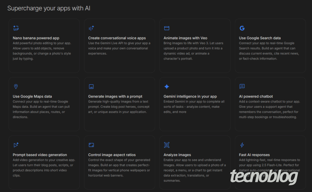 Captura de tela da seção "Supercharge your apps with AI" (Potencialize seus aplicativos com IA) no Google AI Studio. A tela exibe uma grade de doze cartões (cards), cada um descrevendo um caso de uso ou recurso de API com IA, como: 'Create conversational voice apps' (Criar apps de voz conversacionais), 'Animate images with Veo' (Animar imagens com Veo), 'Use Google Search data' (Usar dados de pesquisa do Google), 'Generate images with a prompt' (Gerar imagens com um prompt) e 'AI powered chatbot' (Chatbot com IA).