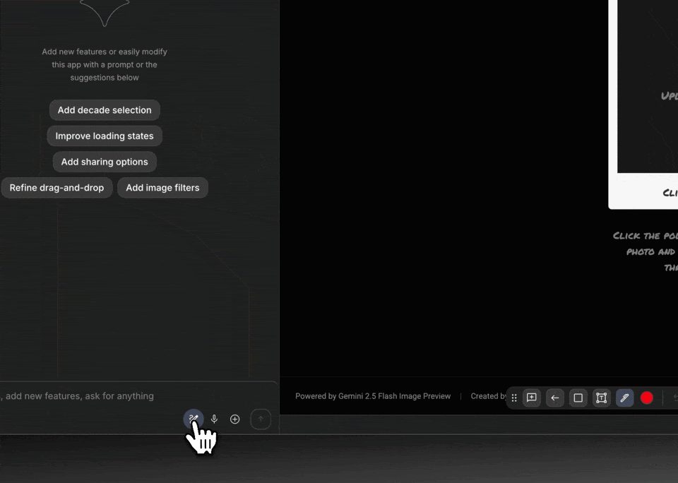 Animação (GIF) demonstrando um recurso de edição e anotação dentro do Google AI Studio ou de uma ferramenta de desenvolvimento. No lado esquerdo, são exibidas sugestões de modificação ou adição de recursos a um aplicativo, como 'Add decade selection' e 'Improve loading states'. Um cursor de mouse clica em um ícone que se assemelha a um pincel ou caneta na barra inferior, sugerindo uma funcionalidade de anotação visual ou edição de imagem dentro da plataforma.