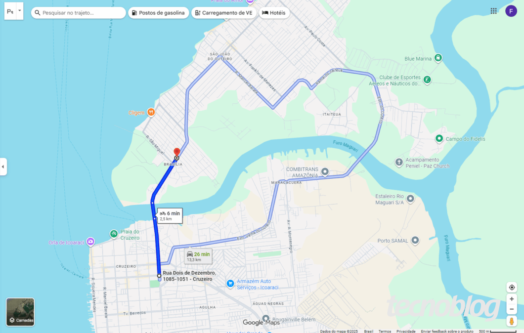 Captura de tela do Google Maps mostrando uma rota de carro em Belém, Pará, com o percurso traçado em azul sobre uma área de rios e ilhas. O mapa exibe detalhes da rota de 13.3 km com duração total de 26 minutos, partindo de um ponto próximo a Brasília e terminando na Rua Dois de Dezembro no bairro Cruzeiro. Pontos de referência como 'Praia do Cruzeiro' e o 'Furo Maguari' são visíveis.