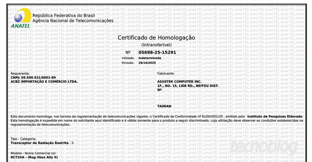 Imagem mostra a certificação do ROG Xbox Ally X na Anatel. No canto inferior direito, a marca d'água do "tecnoblog".