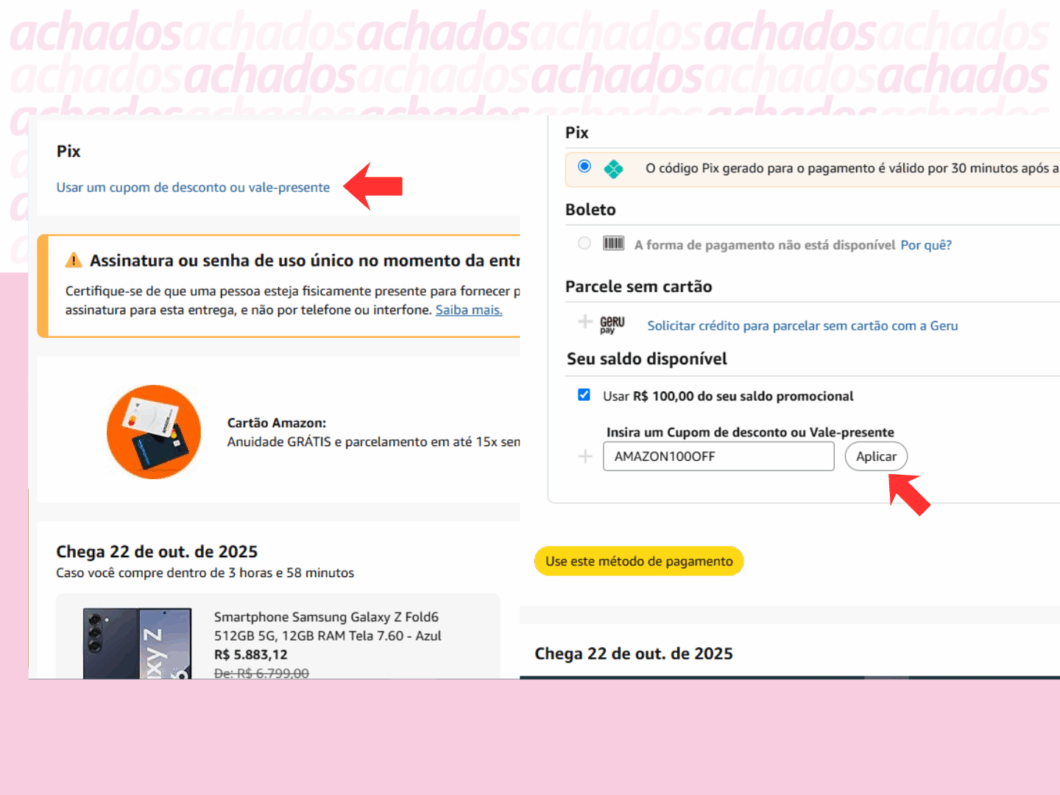 Imagem une dois prints indicados por uma seta vermelha o passo a passo para aplicar cupom na Amazon
