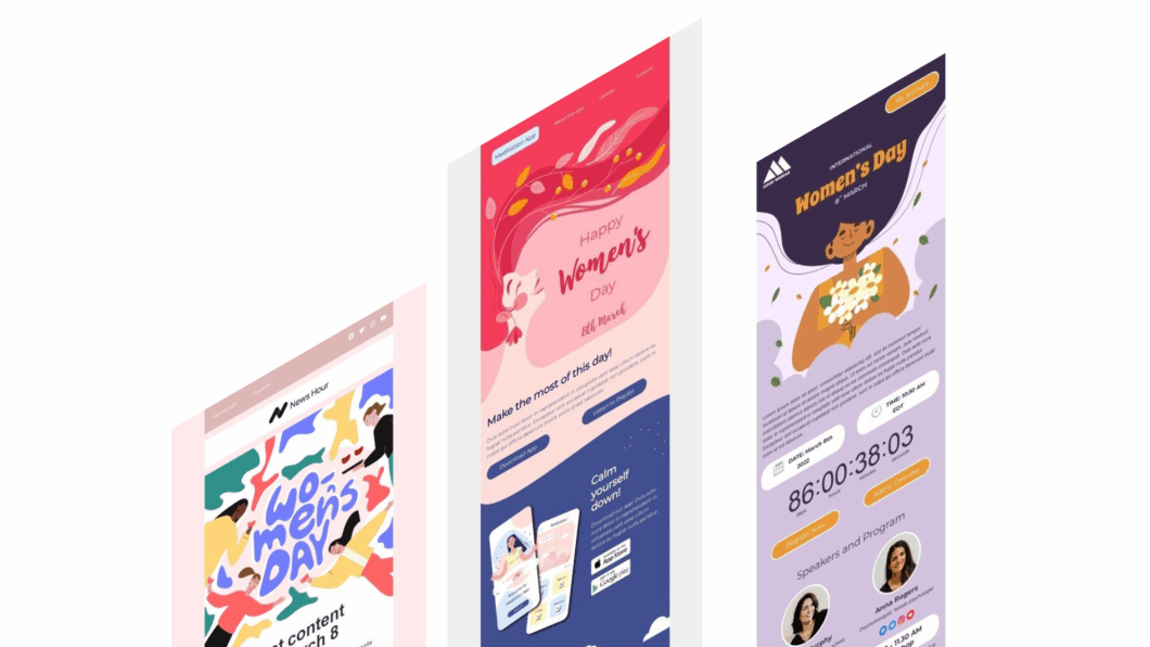 Três modelos de e-mails coloridos sobre o Dia Internacional da Mulher, exibidos lado a lado em perspectiva 3D. Cada um traz ilustrações femininas e mensagens como “Happy Women’s Day” e “8th March”, com botões e ícones de aplicativos. Os designs têm fundos em tons de rosa, lilás e azul.