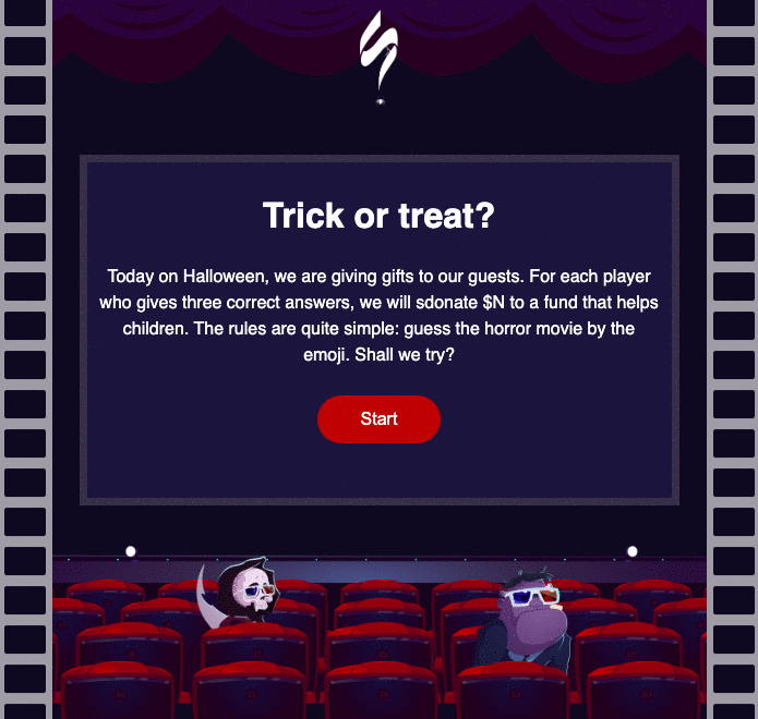 Animação com tema de Halloween mostra uma tela de cinema escura com personagens fantasiados sentados. O texto “Trick or treat?” convida o leitor a adivinhar filmes de terror por emojis. Há um botão vermelho “Start” no centro, e a mensagem explica que respostas corretas geram doações beneficentes.