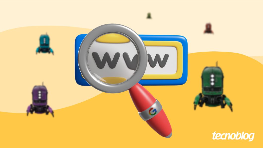 Ilustração com uma lupa sobre uma caixa de busca. Atrás estão alguns robôs.