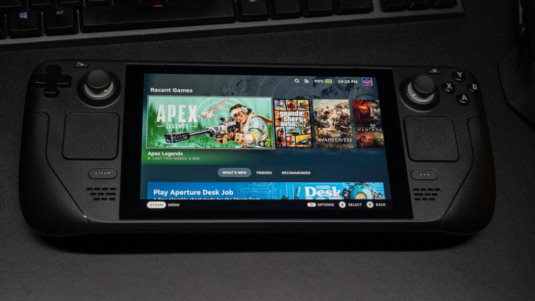 Ilustração de uma plataforma de games no Steam Deck