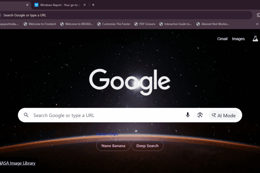 Captura de Tela do Google Chrome Canary com os botões experimentais de Nano Banana e Deep Search na página inicial