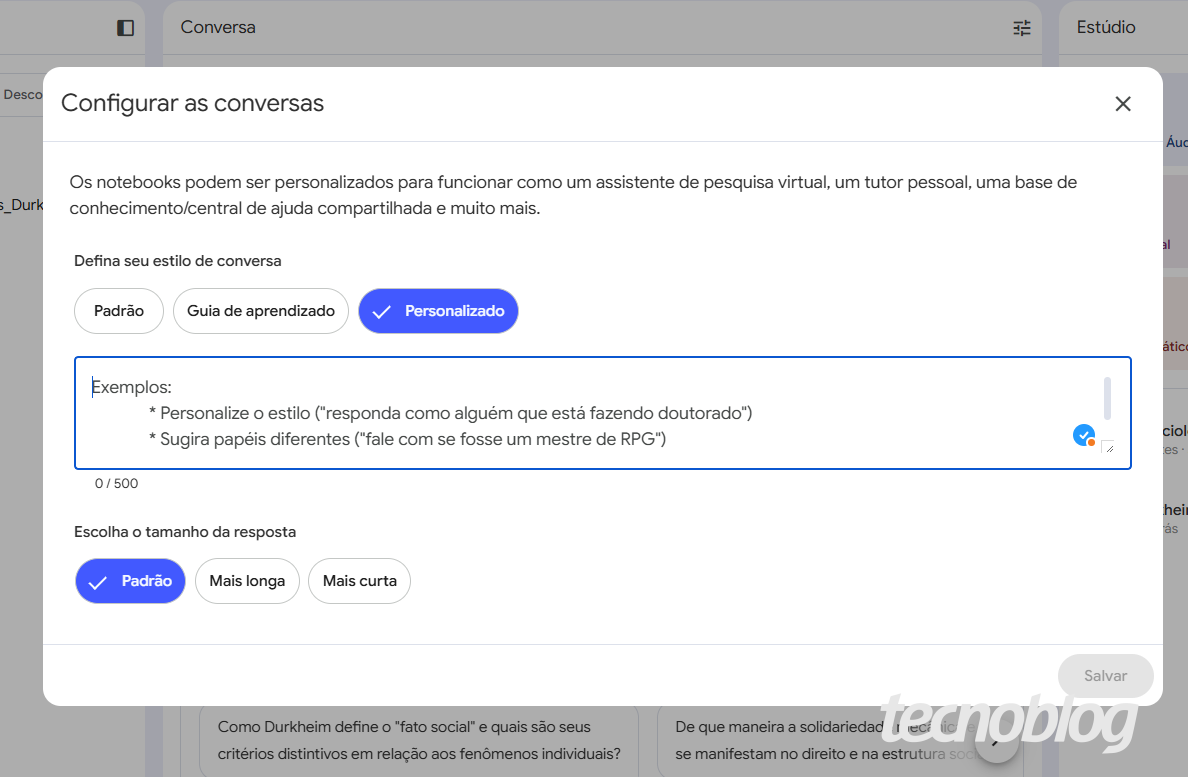Configuração de Chat do NotebookLM, onde o usuário define a meta conversacional, estilo ou papel personalizado para adaptar o assistente de IA às necessidades específicas do projeto