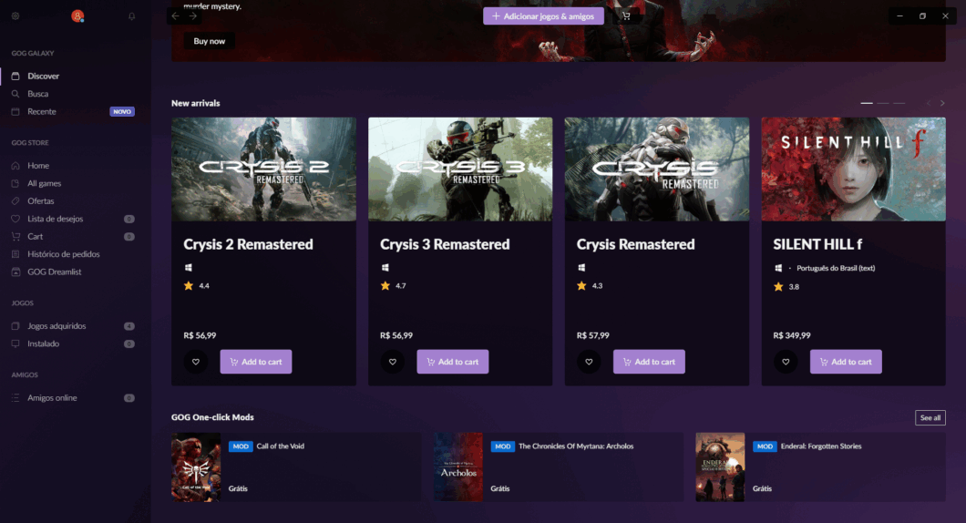 Interface da plataforma GOG