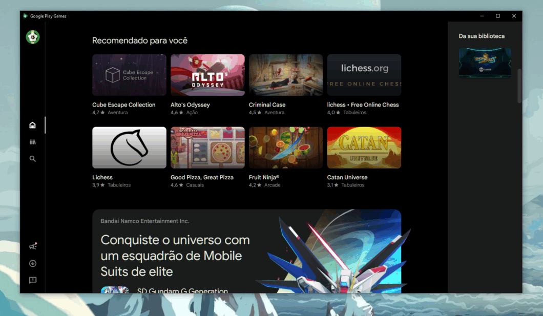 Interface do Google Play Games no PC