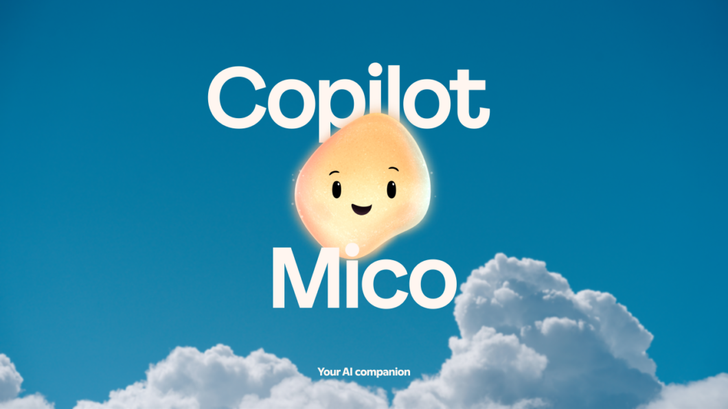 Imagem mostra o novo assistente virtual da Microsoft, que se assemelha a uma nuvem amarela. Acima, está escrito "Copilot" em fonte de cor branca. Abaixo, está escrito "Mico". O fundo é uma representação do céu