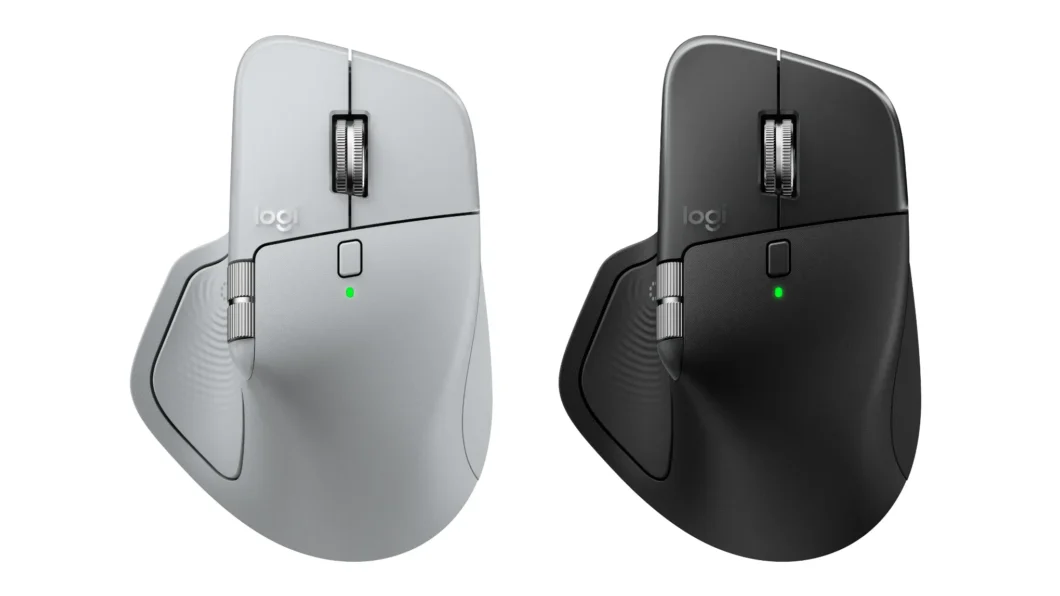 Imagem mostra dois mouses Logitech MX Master 4 lado a lado. Um é cinza claro e outro é preto. O fundo da imagem é branco