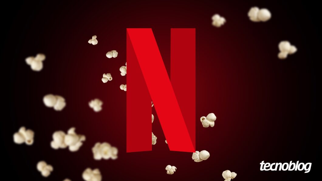 Logotipo da Netflix com pipocas em volta. Na parte inferior direita, o logotipo do "tecnoblog"