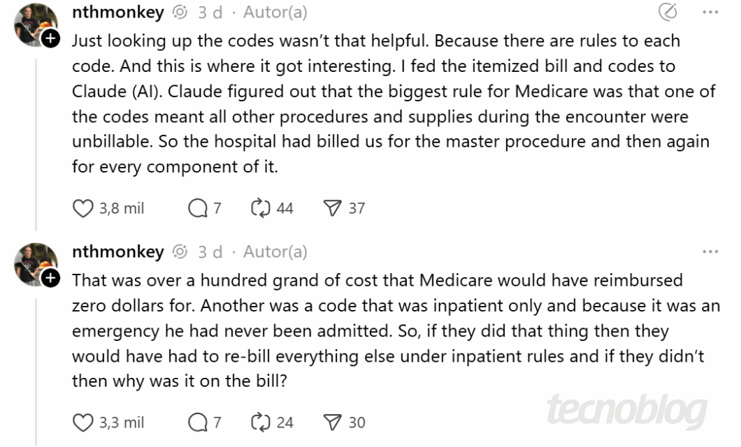 Duas capturas de tela sequenciais de posts no Threads do usuário 'nthmonkey', detalhando o uso de inteligência artificial para contestar contas médicas. O primeiro post (3,8 mil curtidas) explica: "Eu alimentei a conta detalhada e os códigos para Claude (AI). Claude descobriu que a maior regra para o Medicare era que um dos códigos significava que todos os outros procedimentos e suprimentos durante o encontro eram incobráveis." O segundo post (3,3 mil curtidas) continua a explicação: "Isso era mais de cem mil de custo que o Medicare teria reembolsado zero dólares por. Outro era um código que era apenas para paciente internado..."