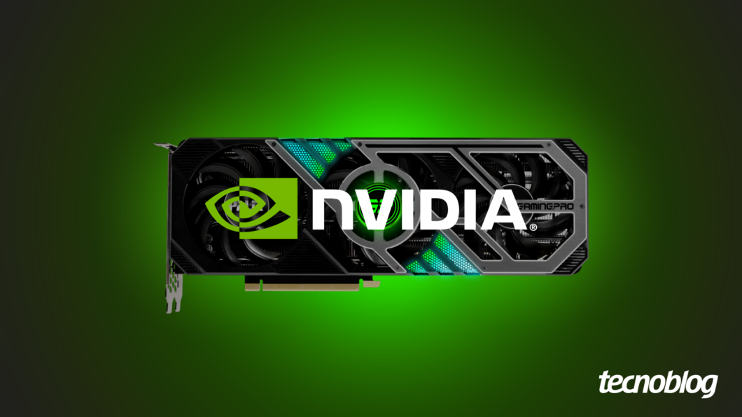 Imagem mostra uma placa de vídeo da Nvidia, com o logo da empresa centralizado. O fundo da imagem é verde e, na parte inferior direita, o logotipo do "tecnoblog" é visível.