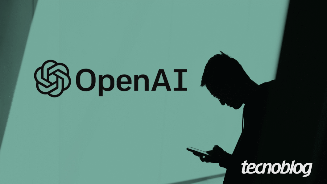 Arte com o logotipo da OpenAI. À direita, há a imagem da sombra de uma pessoa mexendo em um celular. Na parte inferior direita, está o logotipo do Tecnoblog.