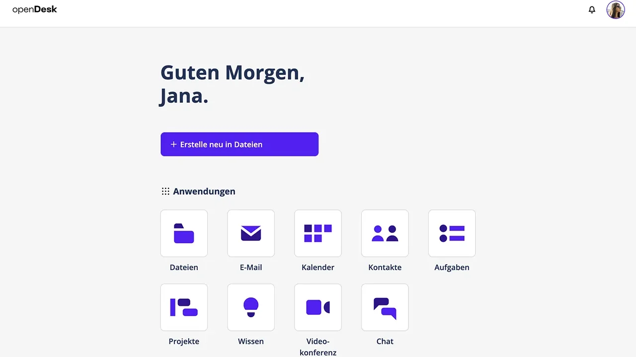Captura de tela da interface do sistema openDesk. O fundo é branco e exibe opções para e-mail, calendário, videoconferência e arquivos