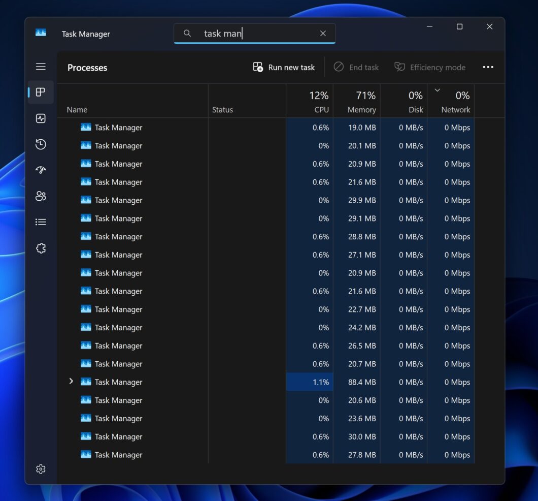 Imagem mostra o gerenciador de tarefas do Windows 11 com várias tarefas duplicadas