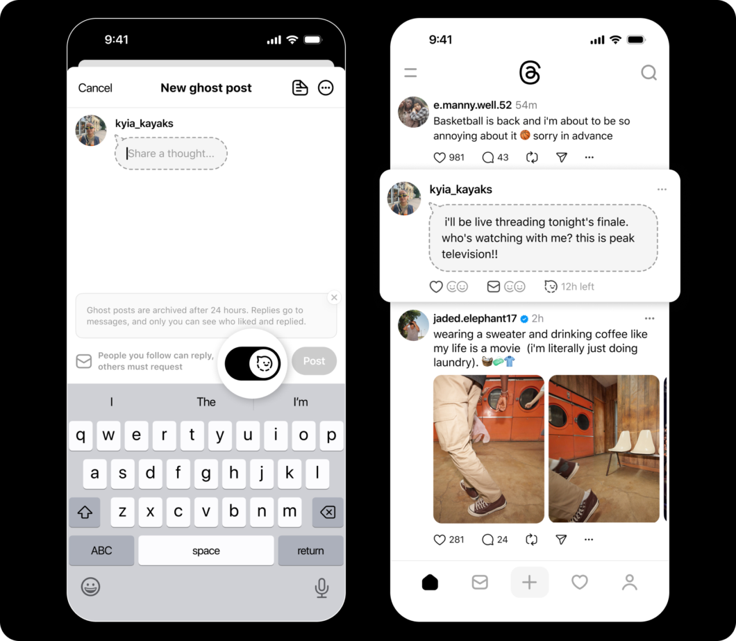 Capturas de tela demonstrando funcionamento da ferramenta post temporário. À esquerda, captura de tela destaca botão de "fantasma" na parte inferior da tela de criação de posts. À direita, um post temporário, indicado através de uma marcação cinza 