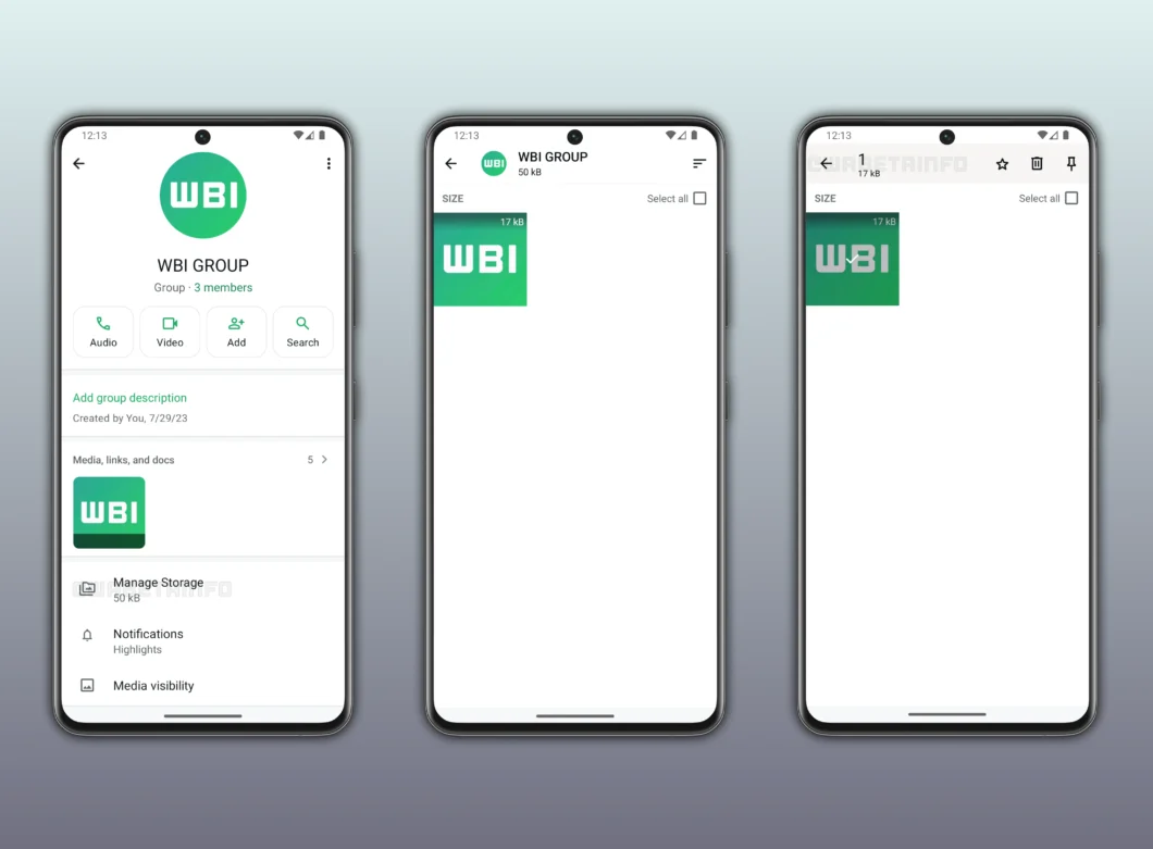 Imagem mostra três capturas de tela do WhatsApp em um celular Android. A primeira tela exibe os detalhes do grupo “WBI GROUP”, com opções como “Audio”, “Video”, “Add”, “Search” e o botão “Manage Storage”. As duas telas seguintes mostram a nova interface para gerenciar armazenamento, com uma imagem verde do logotipo “WBI” listada e a indicação do tamanho do arquivo, “17 kB”.