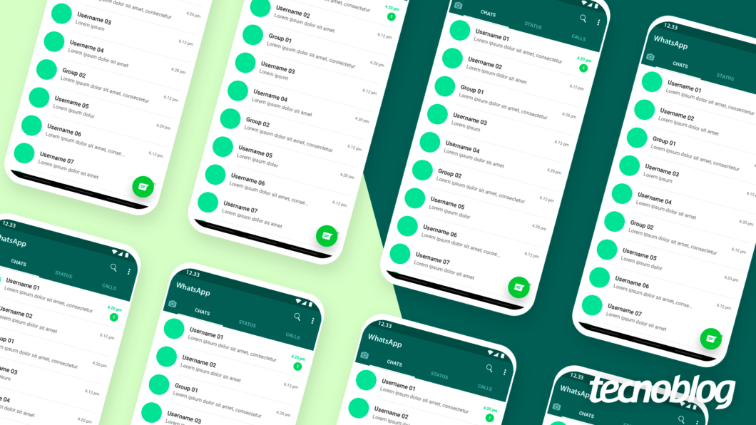 Uma composição de várias telas de smartphone, todas exibindo a interface do aplicativo WhatsApp na cor verde, característica de sua identidade visual. As telas mostram a lista de "CHATS" com contatos genéricos como "Username 01". No topo de cada tela, aparece "WhatsApp". A imagem é repetida e organizada em um padrão diagonal, com o logotipo do "tecnoblog" no canto inferior direito.