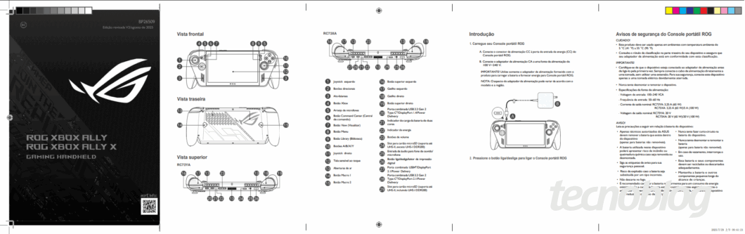 Imagem mostra o manual do console portátil ROG Xbox Ally X. O logo do "Tecnoblog" aparece no canto inferior direito.