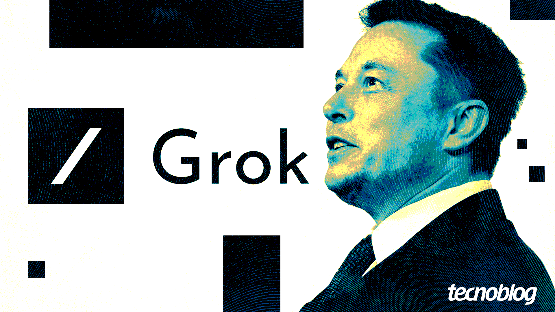 Logo da Grok com o rosto de Elon Musk à direita. Na parte inferior direita, o logotipo do "tecnoblog"