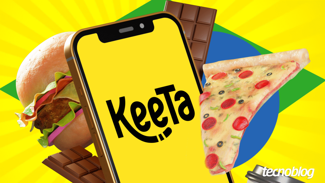 Imagem mostra um smartphone com moldura dourada exibindo um aplicativo com fundo amarelo chamado "KeeTa". O celular está centralizado e cercado por imagens de comida: um hambúrguer à esquerda, uma barra de chocolate marrom abaixo e uma fatia de pizza com pepperoni e pimentão à direita. O fundo é uma representação estilizada da bandeira do Brasil. Na parte inferior direita, o logotipo do "Tecnoblog" é visível.