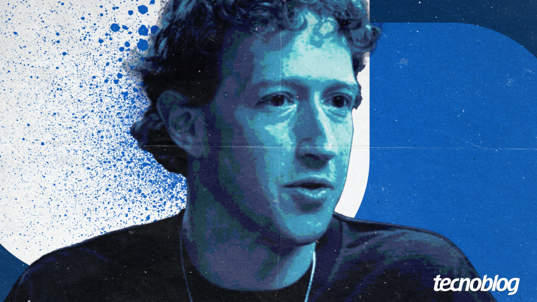 Arte com o rosto de Mark Zuckerberg em tom azul. Na parte inferior direita está a logomarca do Tecnoblog.