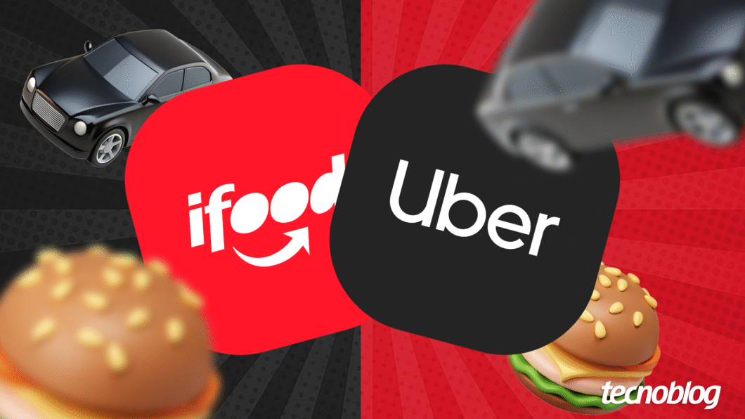 Imagem ilustrativa com logos de iFood e Uber cercados por imagens de hambúrgueres e carros