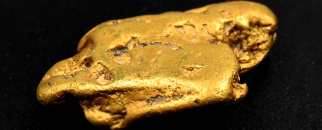A clear photograph of an oval-shaped glistening gold nugget, on a black background