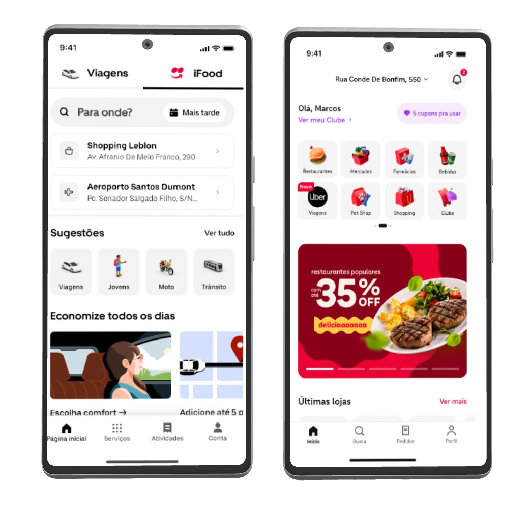 Dois smartphones mostram a integração entre Uber e iFood. Na tela da esquerda, o app da Uber inclui uma aba do iFood no topo, ao lado de "Viagens". Na tela da direita, o app do iFood exibe um ícone da Uber na seção de categorias, com a opção "Viagens" ao lado de "Restaurantes" e "Mercados". A integração permite acessar pedidos de comida no Uber e solicitar corridas no iFood.