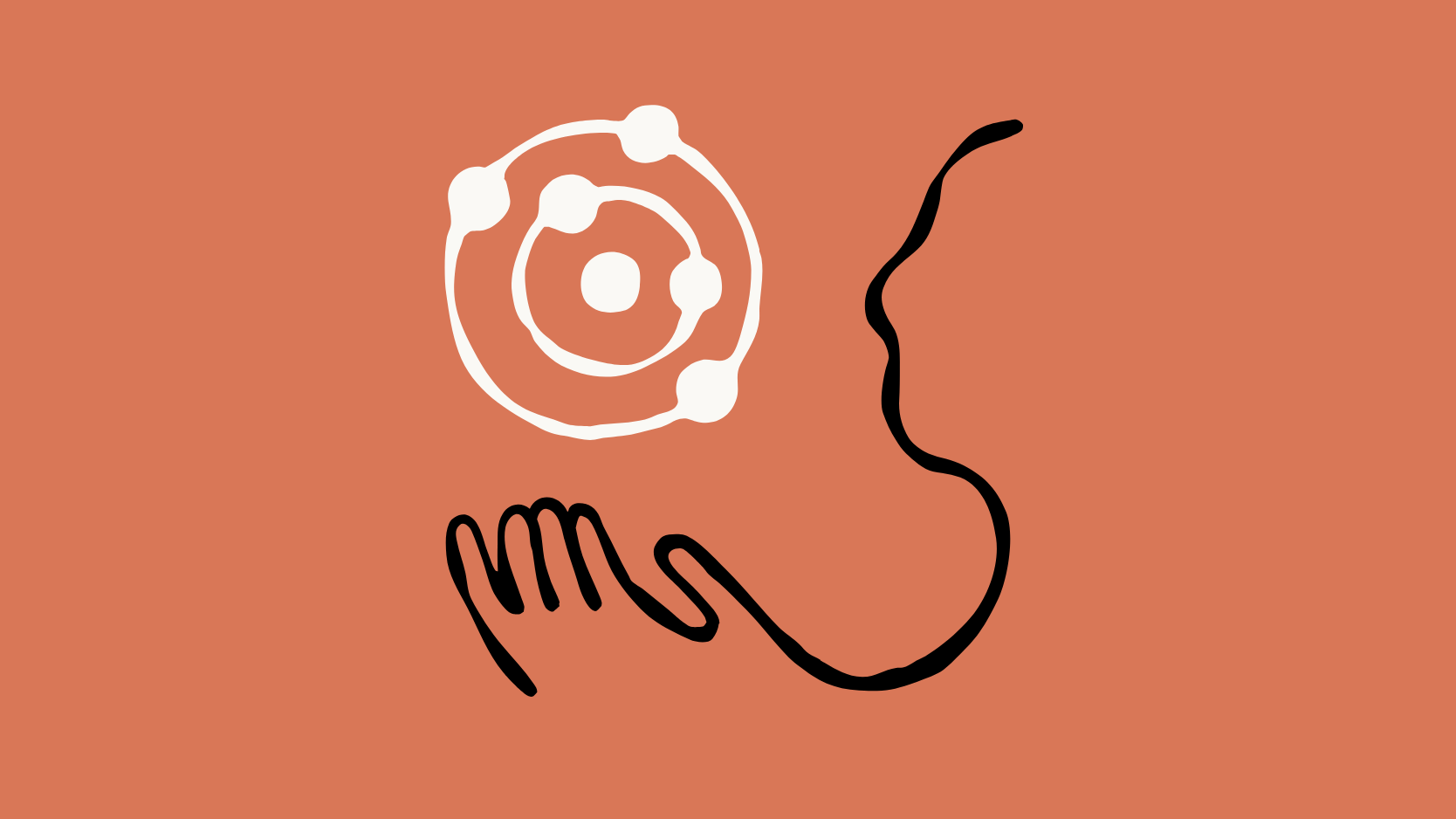 Ilustração em fundo laranja mostra o contorno preto de um rosto humano de perfil, voltado para a esquerda, com uma mão aberta abaixo do queixo. À frente do rosto, flutua um símbolo branco circular com pontos conectados, semelhante a órbitas ou a um diagrama molecular, sugerindo inteligência artificial e interação entre humano e tecnologia.