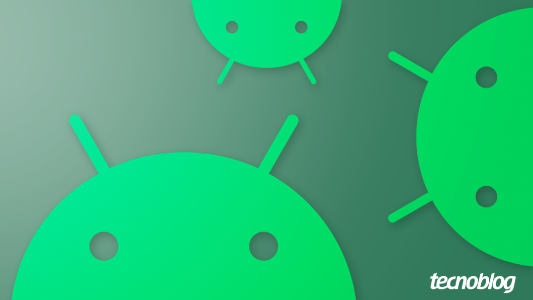 Arte mostra a cabeça do mascote do Android, um robô verde, em um fundo verde-escuro. Na parte inferior direita, está o logotipo do Tecnoblog.