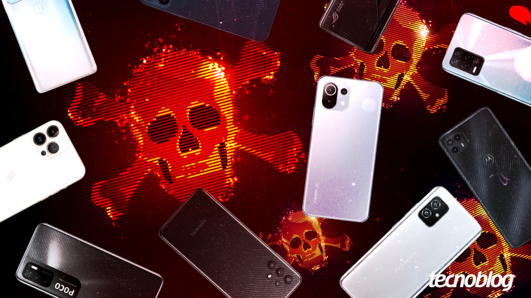 Fundo com caveiras em vermelho, em frente espalhados pela imagem diversos smartphones de marcas como Realme, Samsung, Asus e Motorola