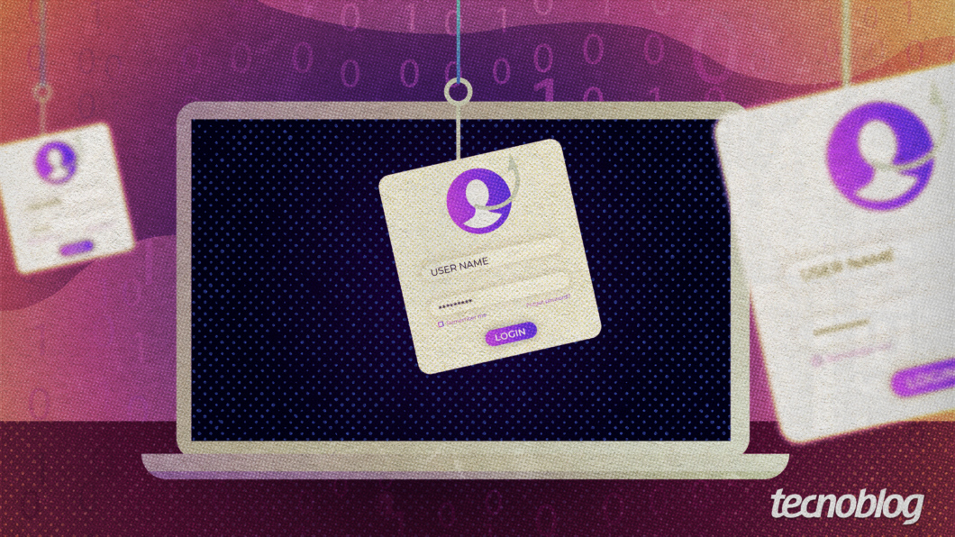 Uma ilustração em tom roxo e vinho que representa um ataque de phishing. No centro, um notebook exibe em sua tela escura um formulário de login falso flutuando, com campos "USER NAME" e "PASSWORD", e um botão "LOGIN", todos com o ícone de uma pessoa roxa no topo. Este formulário está pendurado por um anzol, como em uma pescaria. Outros formulários semelhantes, desfocados, aparecem pendurados no lado esquerdo e direito, fora da tela do notebook. Ao fundo, números "0" e "1" que remetem a código binário são visíveis, e no canto inferior direito, a marca d'água "tecnoblog".