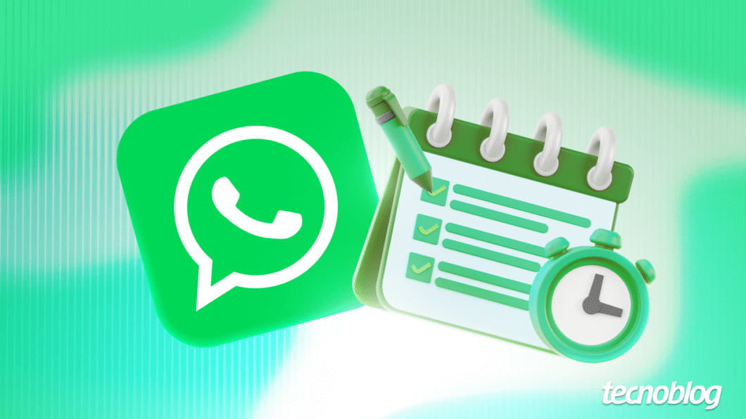 A imagem apresenta o ícone do WhatsApp em verde, ao lado de um bloco de anotações com listas de tarefas marcadas com cheques e um despertador verde. O fundo da imagem é suavemente esverdeado, e a logomarca do Tecnoblog aparece no canto inferior direito. A composição visual destaca temas relacionados à organização e comunicação.