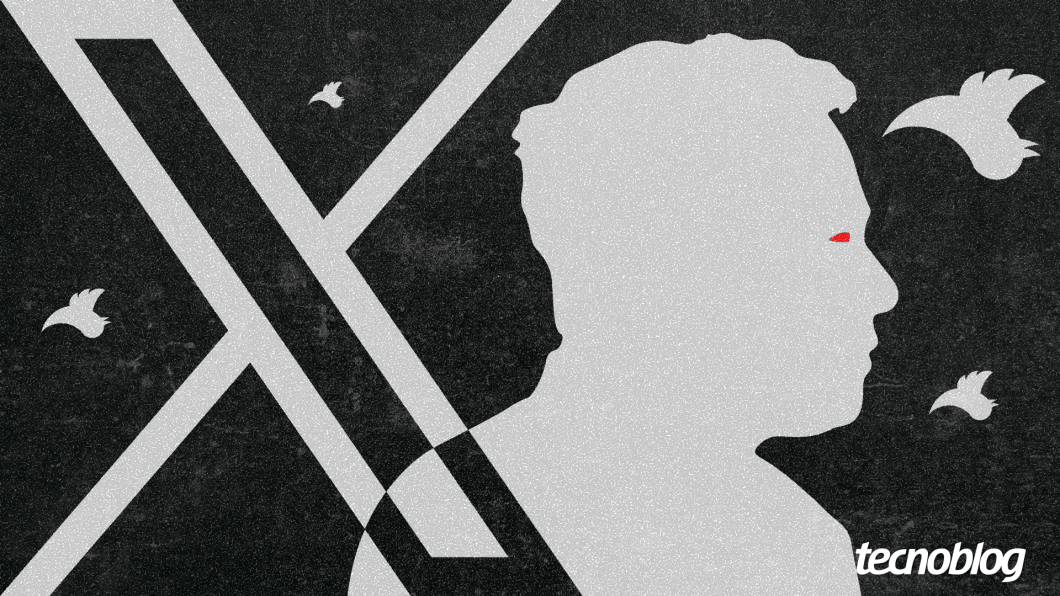 Silhueta de Elon Musk cercada por pássaros de ponta cabeça. Há ainda a marca do aplicativo X.