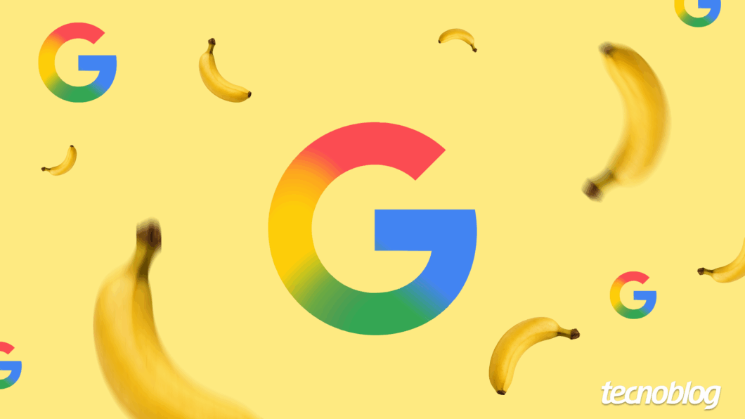 Ilustração mostra o logo do Google ao centro, uma letra G gradiente em tons vermelho, amarelo, verde e azul, e um fundo amarelo com bananas. Na parte inferior direita, o logotipo do "tecnoblog" é visível.