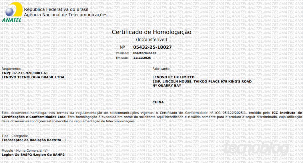 Captura de tela exibe a homologação do Lenovo Legion Go 2 na Anatel