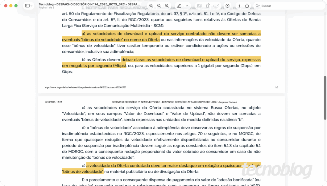 Trecho do Despacho Decisório nº 74/2025 (imagem: reprodução)