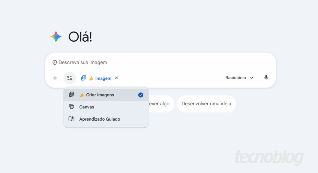 Captura de tela mostra o app Gemini, com a opção de criação de imagem pelo Nano Banana Pro selecionada.