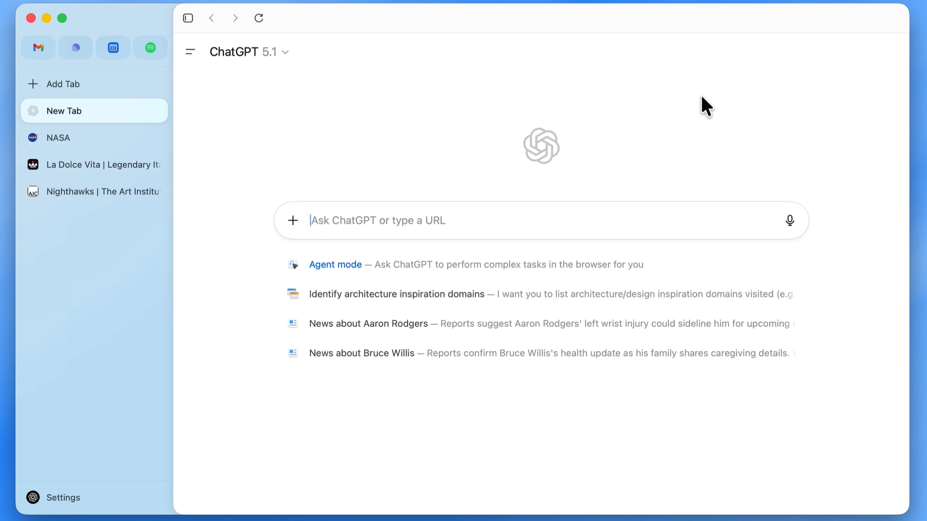 Captura de tela mostra o ChatGPT Atlas aberto na tela de um Mac.