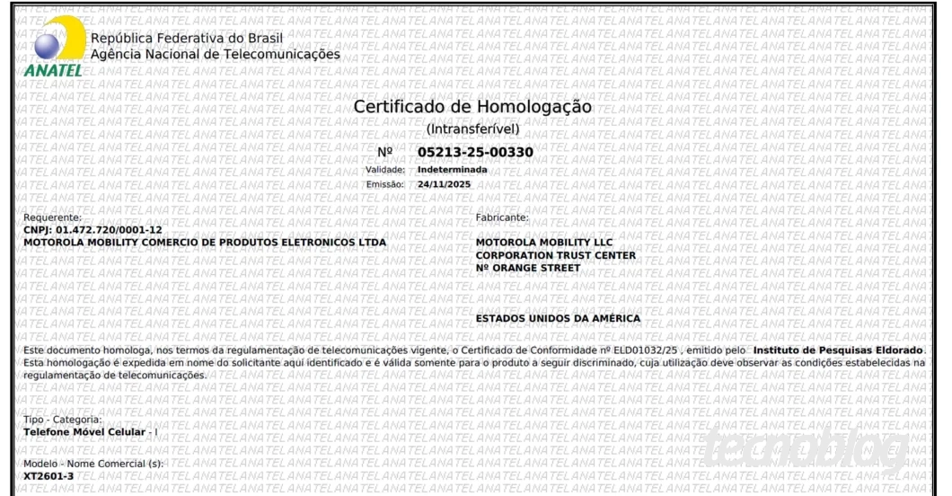 Certificado de homologação do Edge 70