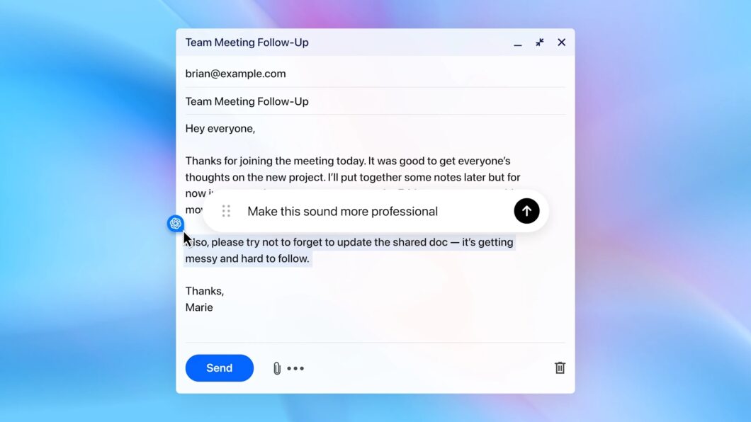 ChatGPT Atlas ajudando a redigir um e-mail