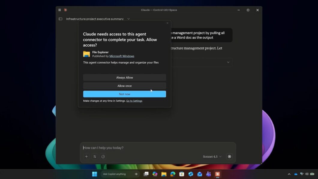 Captura de tela da interface do Windows 11 mostrando uma caixa de diálogo centralizada onde o aplicativo de IA Claude pede permissão para acessar o conector do Explorador de Arquivos. As opções disponíveis para o usuário são "Sempre permitir", "Permitir uma vez" e "Agora não".