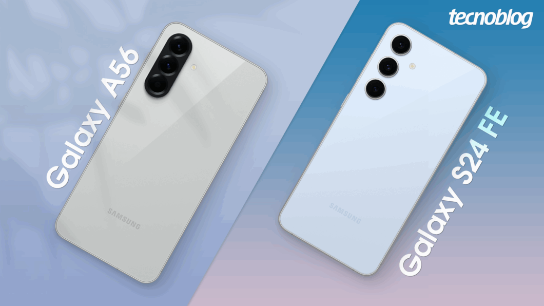 Imagem mostra dois celulares lado a lado: Galaxy A56 na cor cinza e Galaxy S24 FE na cor azul