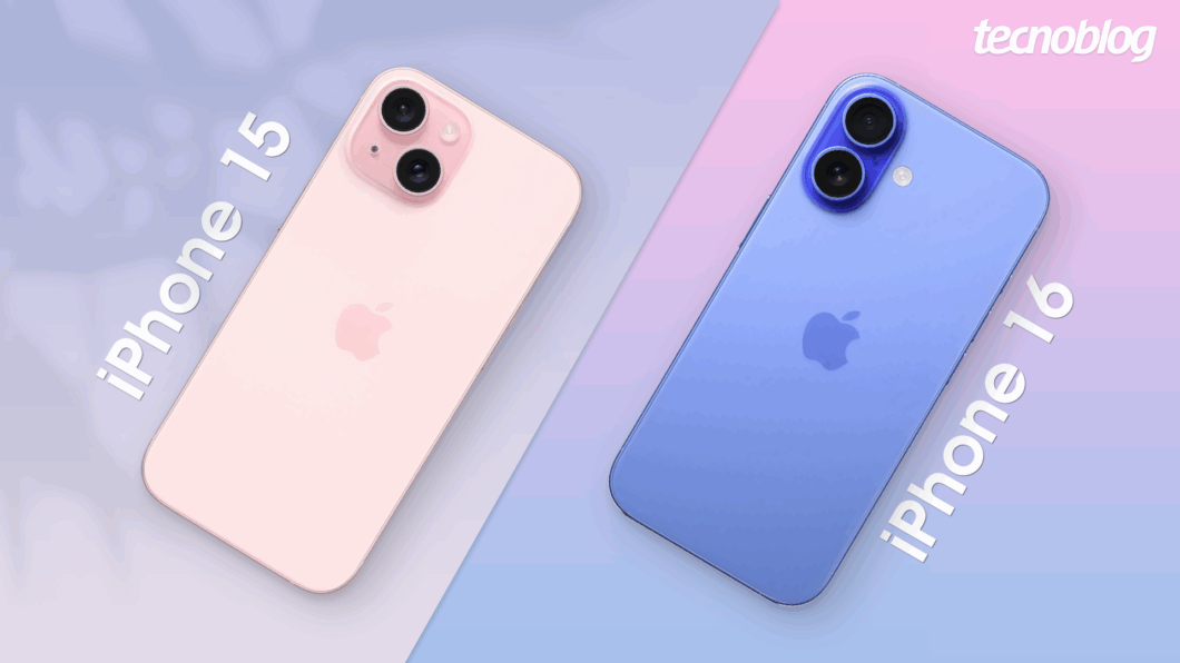 Imagem mostra iPhone 15 na cor rosa e iPhone 16 na cor azul, lado a lado, em comparativo