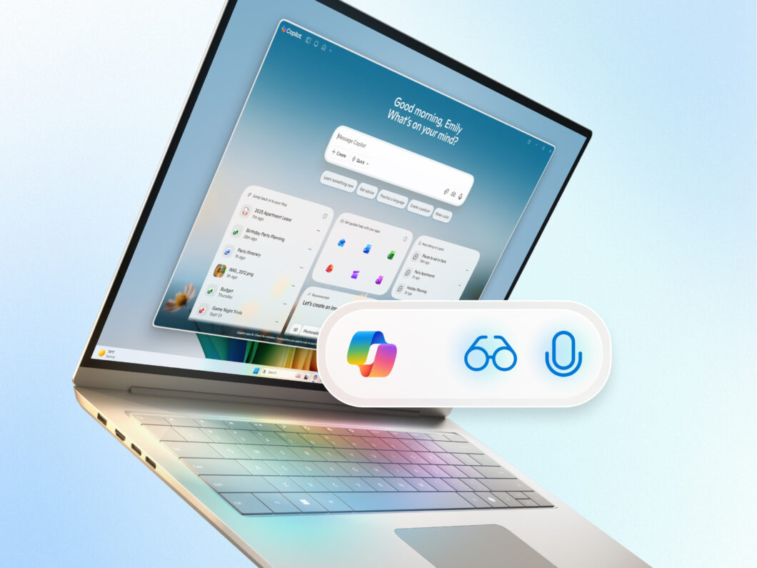 Ilustração com um notebook aberto e ícones de ferramentas digitais